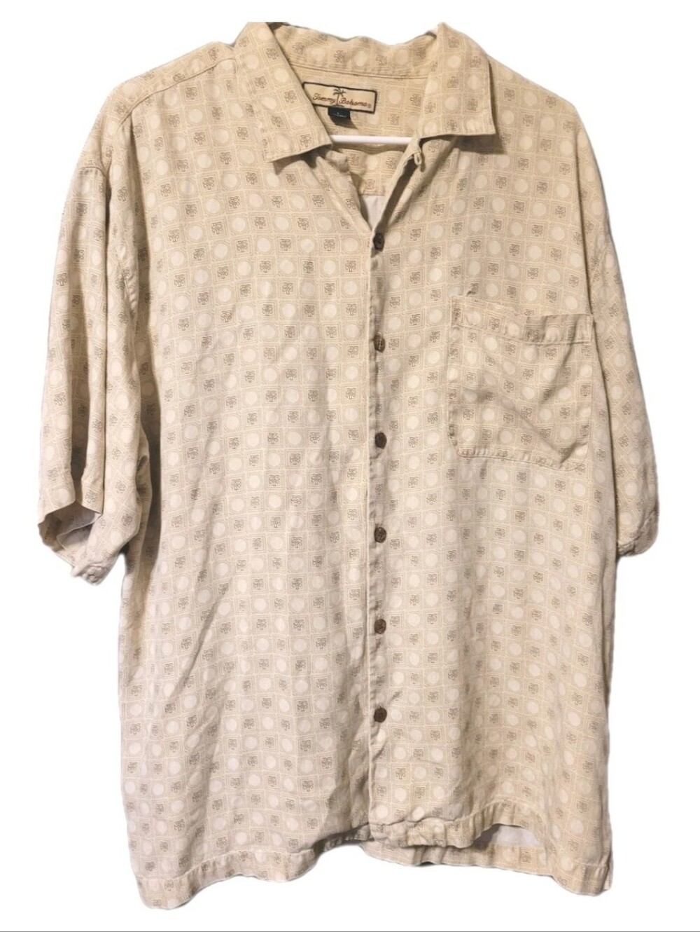 Tommy Bahama Shirt Men's Large Tan Silk Hawaiian Button Up Resortwear